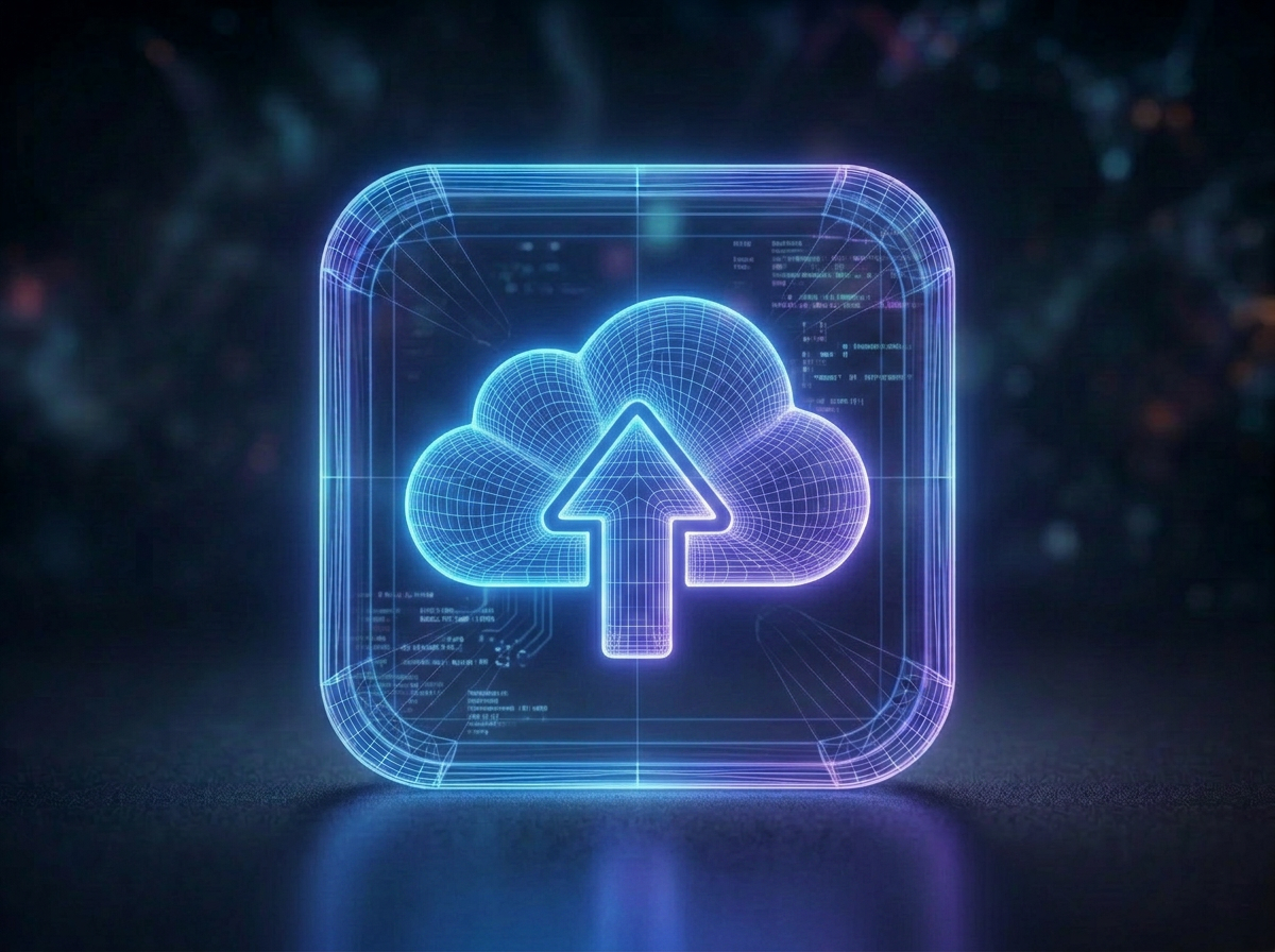 QuantuM cloud technology partner logo with an upload arrow and neon circuit design