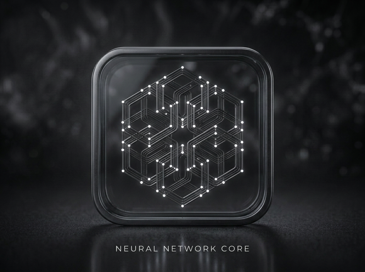 Holographic gears surrounding code brackets representing AI, neural networks, and computing
