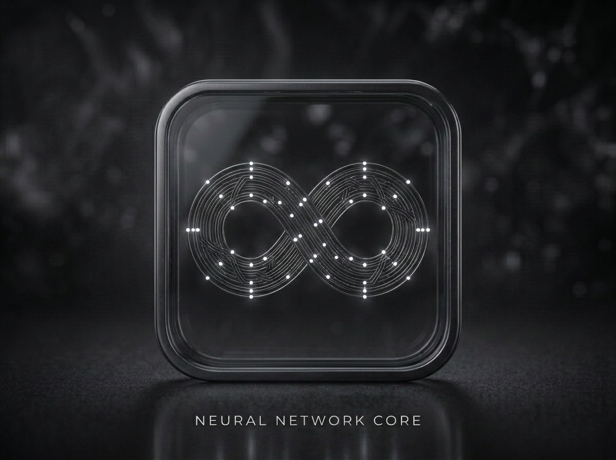 Holographic icon of an infinity symbol and neural network core representing continuous AI-driven software development